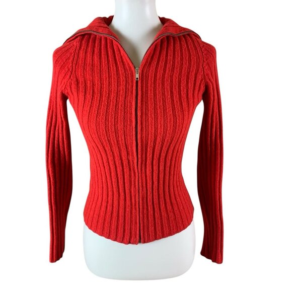 Sandro Paris Red Ribbed Wool Zip Up Fitted Sweater Jacket 1 Small - Picture 1 of 4